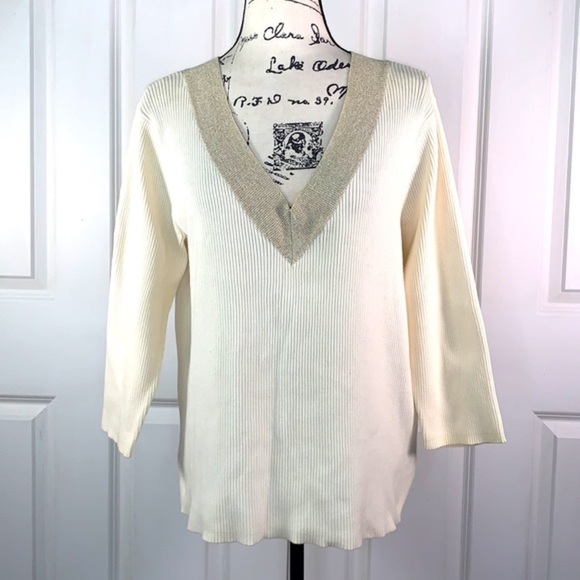 Liz Claiborne V-Neck Striped-Trim Sweater - Picture 3 of 9